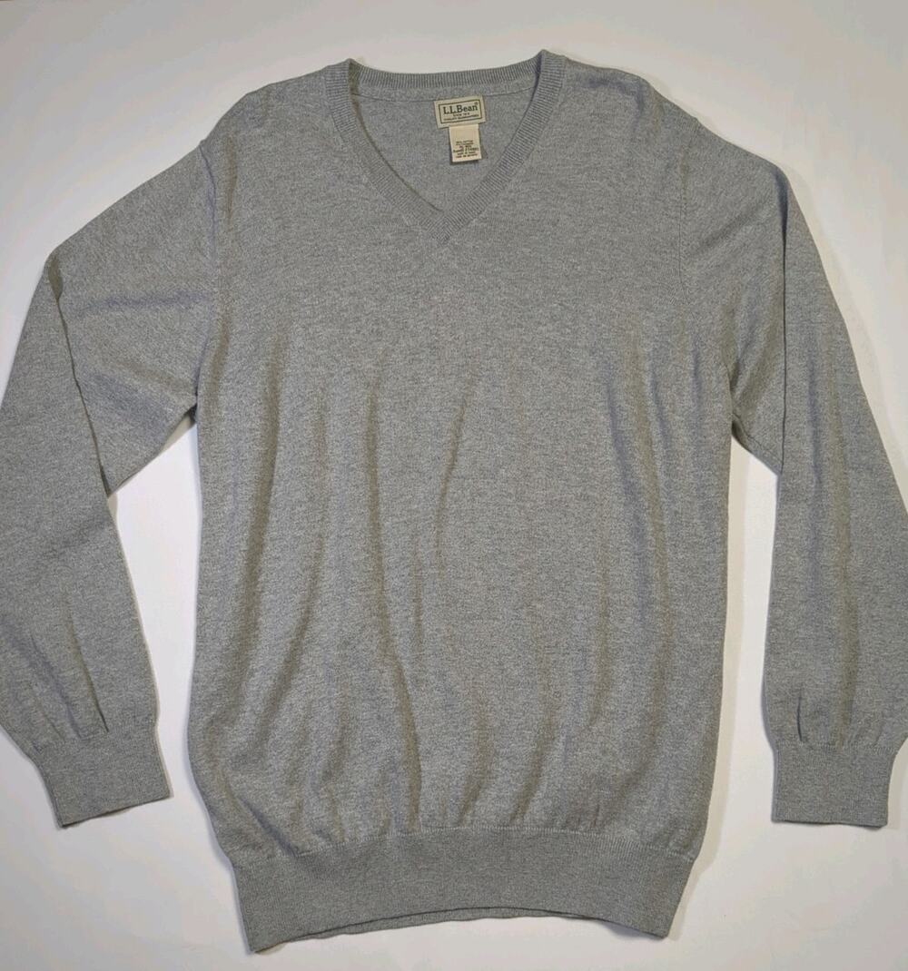 LL Bean Sweater Men XL gray Cashmere Cotton Pullover Preppy Minimalist vneck